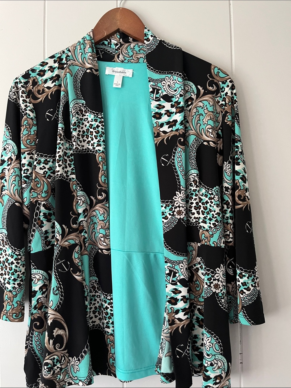 LuLaRoe Turquoise Black Patterned Open-Front Jacket